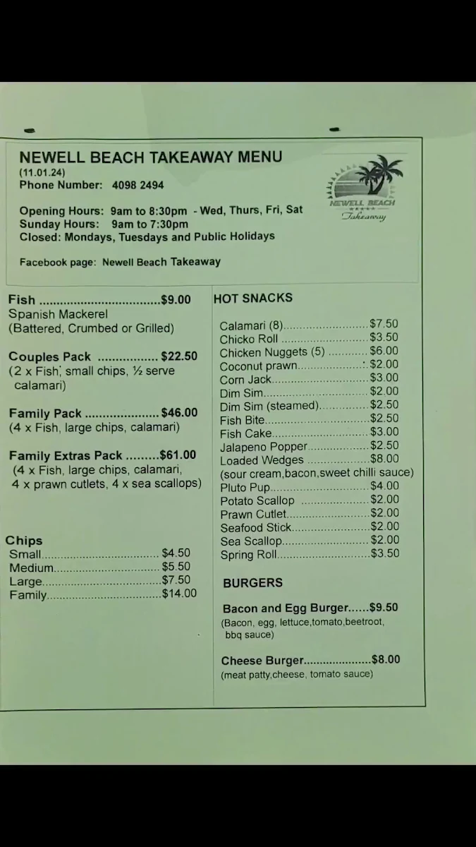 Menu, Newell Beach Takeaway and Cafe
