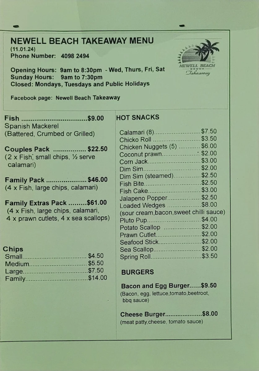 Menu, Newell Beach Takeaway and Cafe