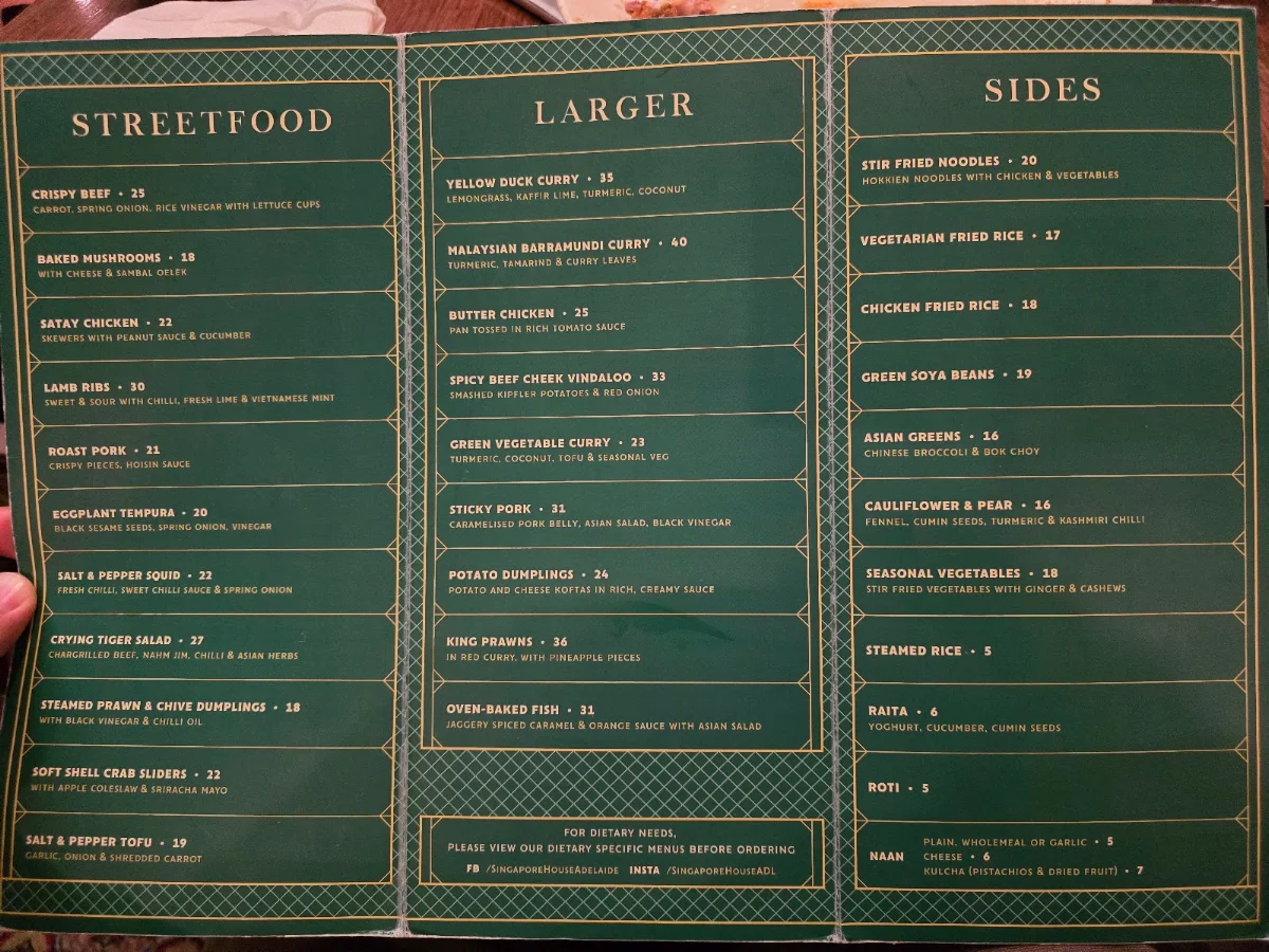 Menu, Singapore House