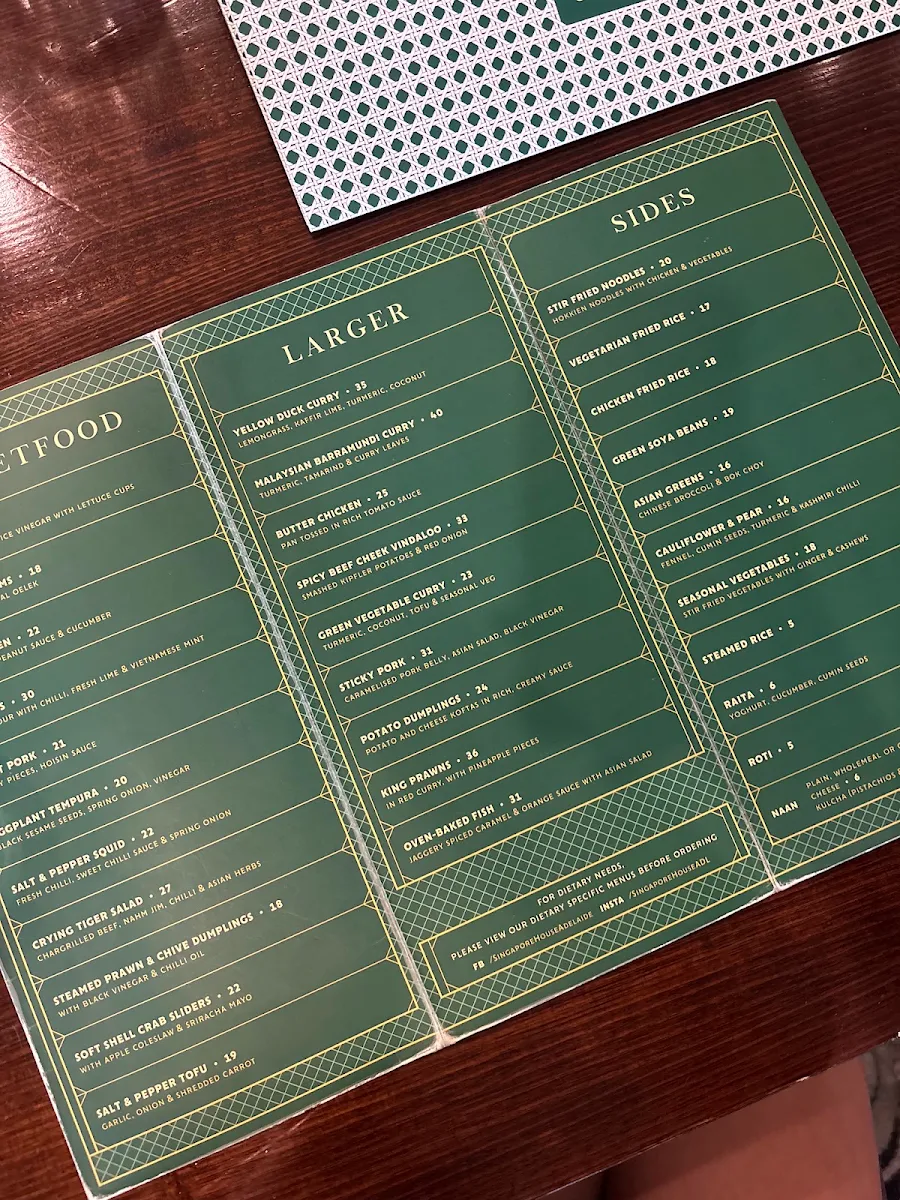 Menu, Singapore House