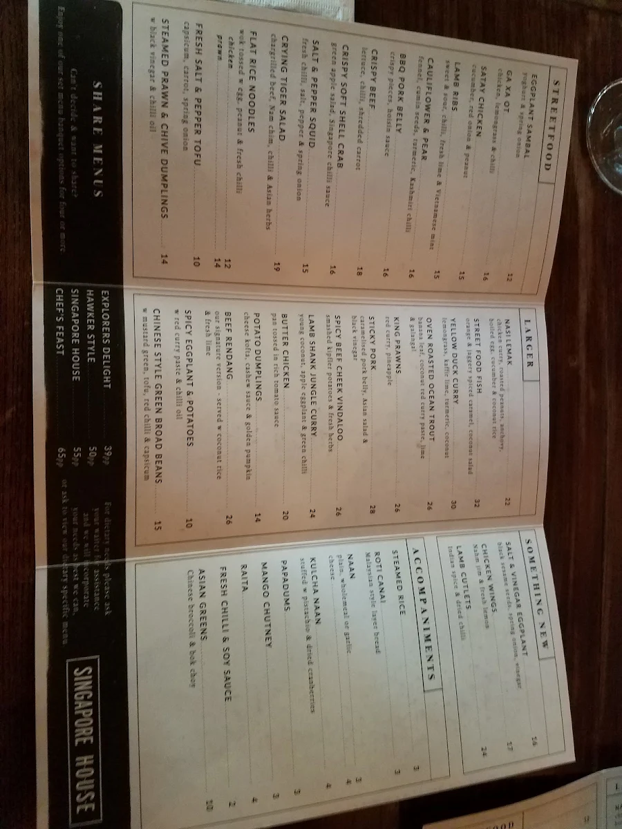 Menu, Singapore House