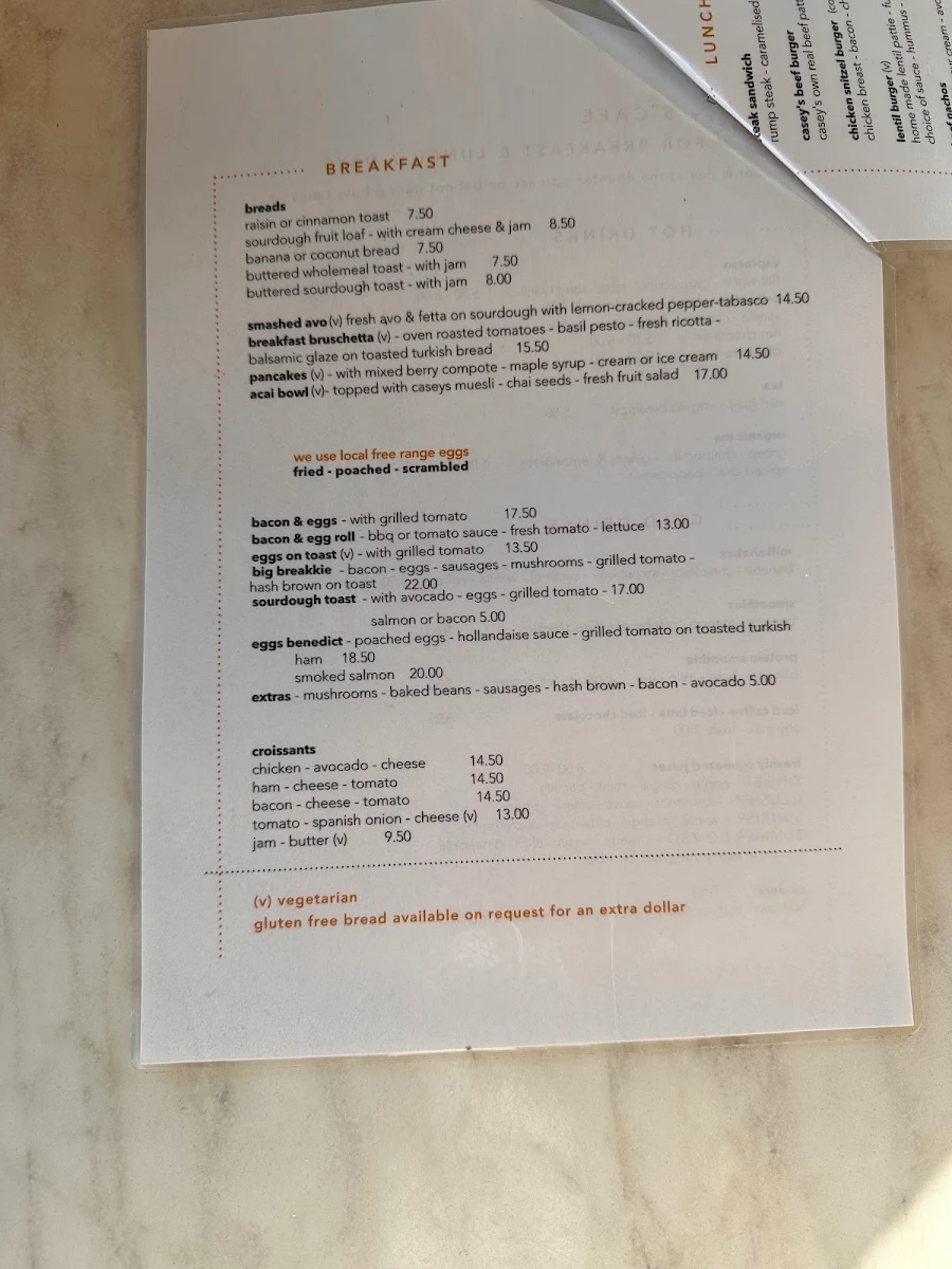Menu, Casey's Cafe