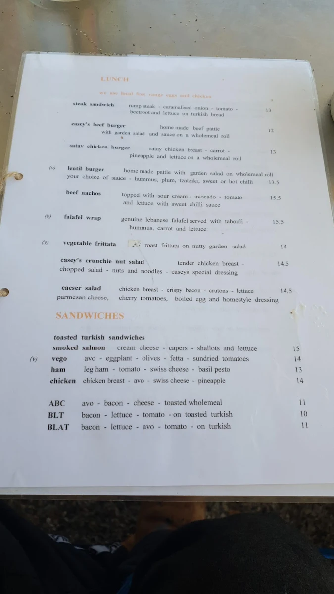 Menu, Casey's Cafe