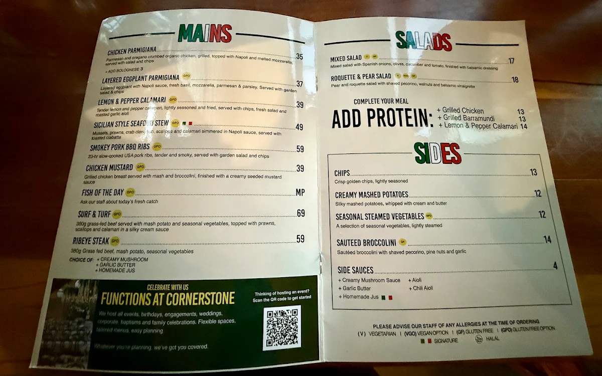 Menu, Cornerstone Pizzeria e Cucina