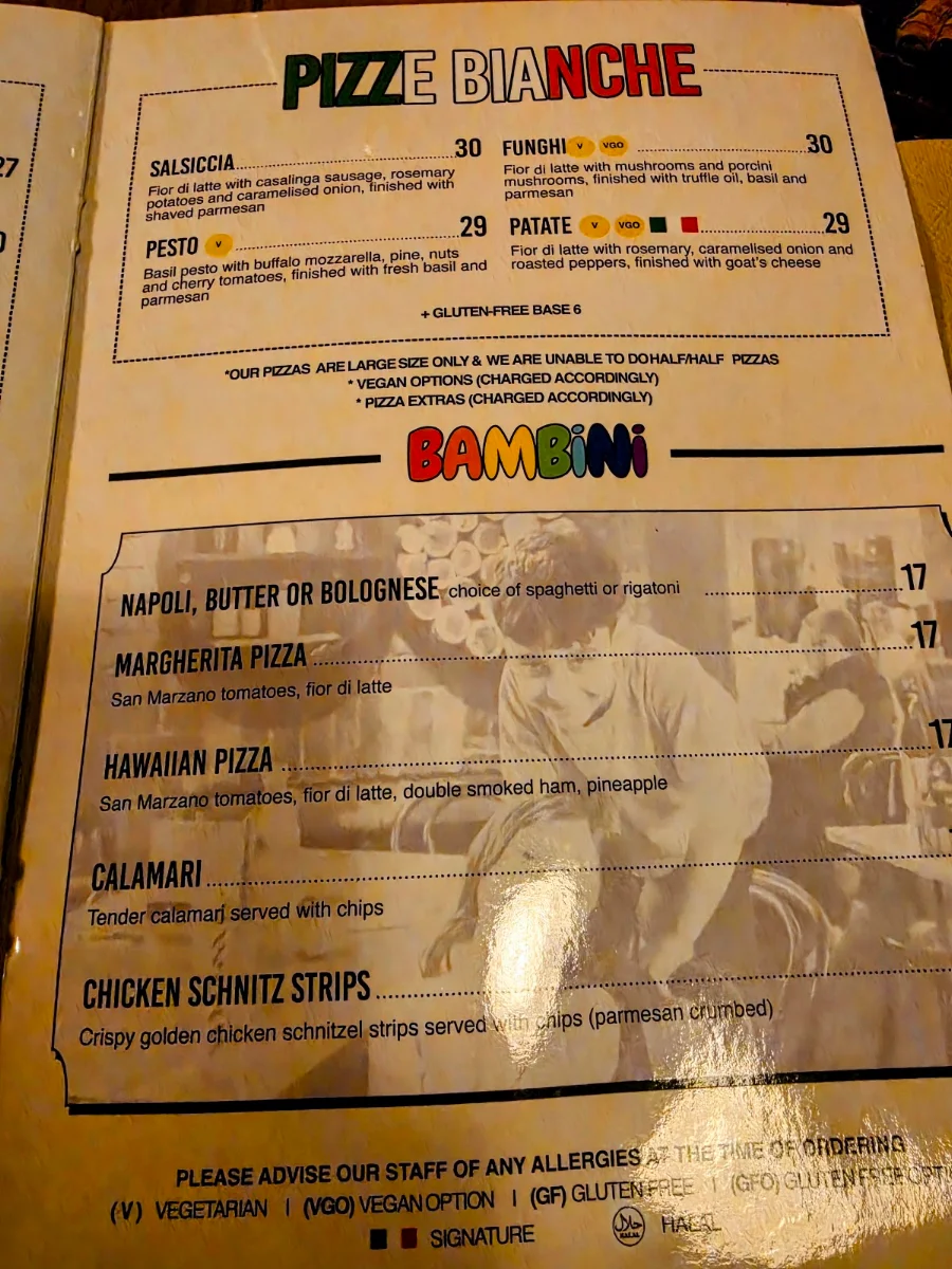 Menu, Cornerstone Pizzeria e Cucina