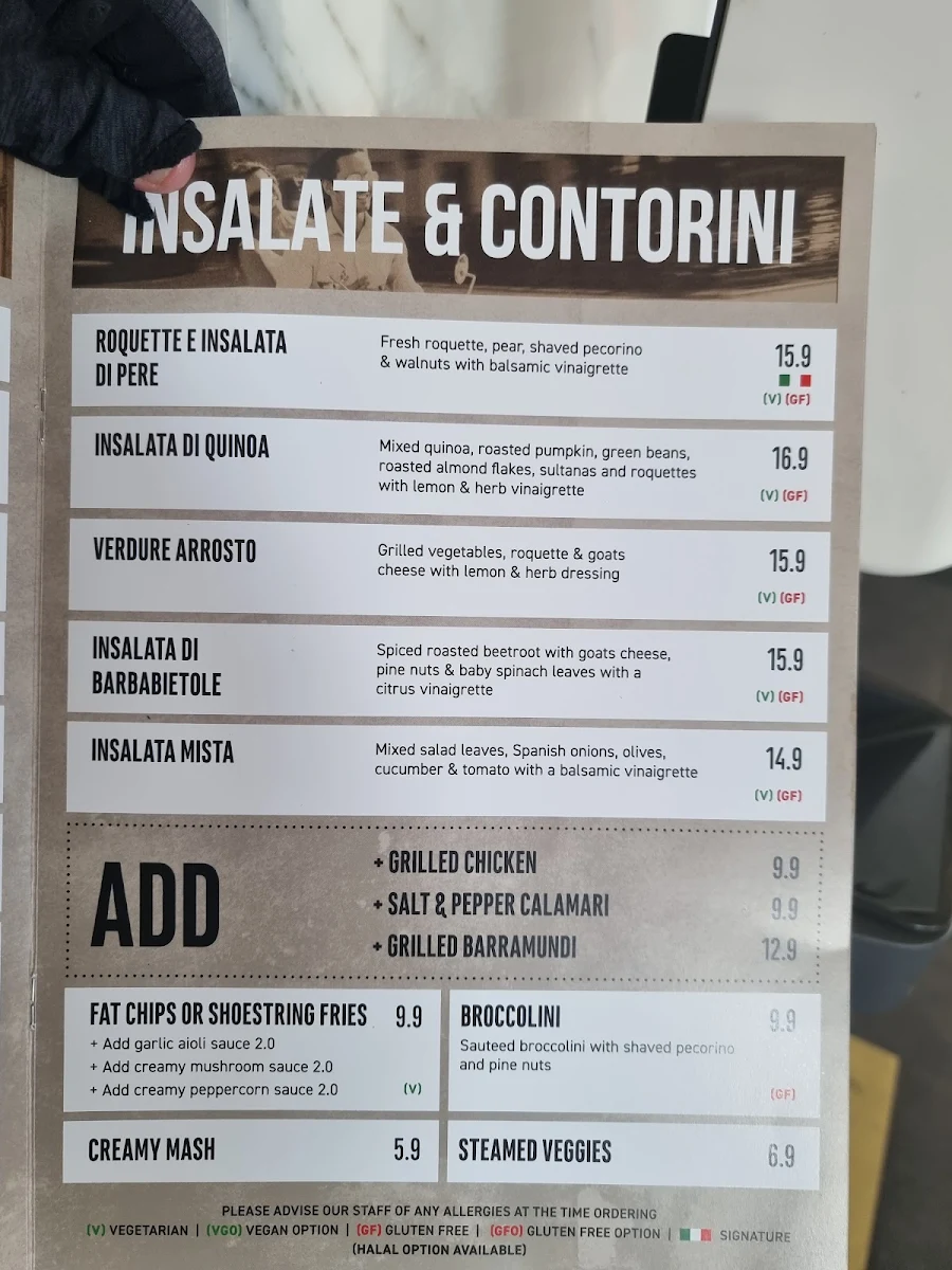 Menu, Cornerstone Pizzeria e Cucina