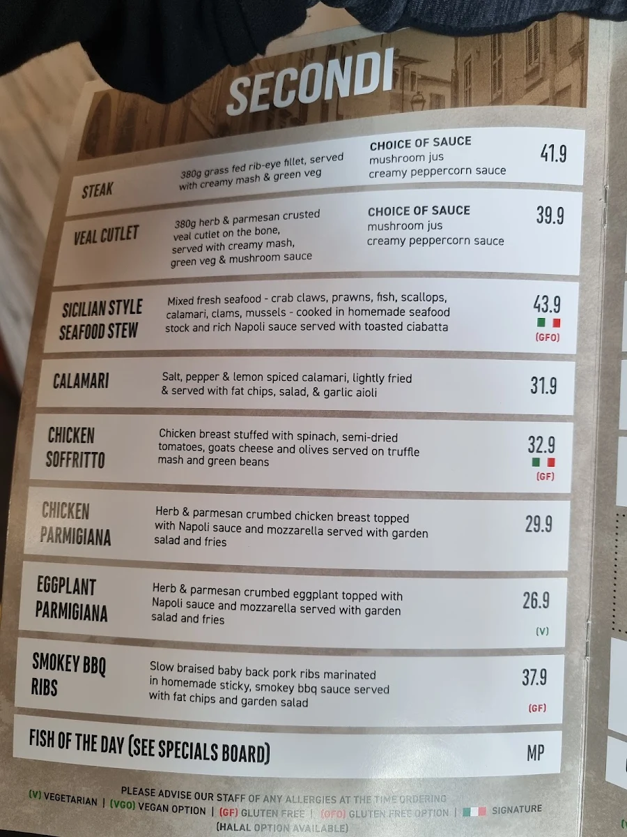 Menu, Cornerstone Pizzeria e Cucina
