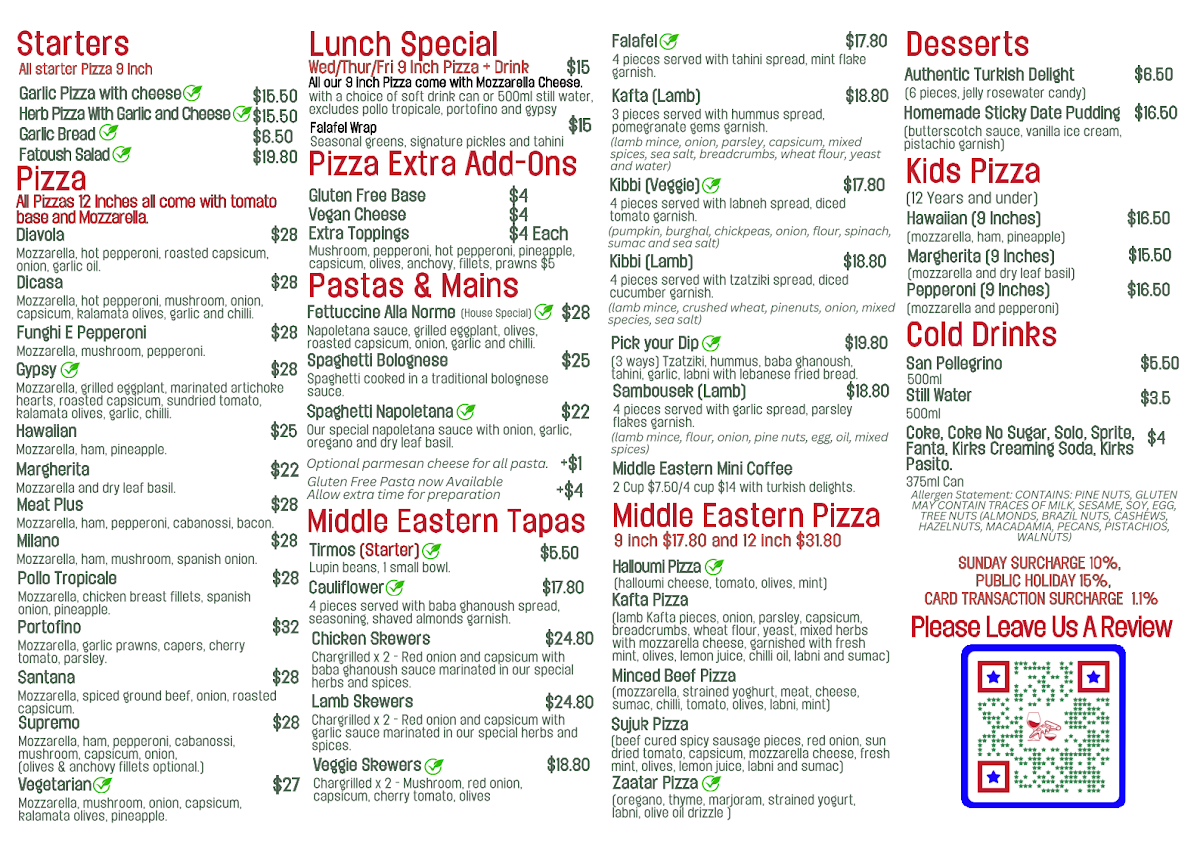 Menu, Killarney Pizza Tapas Wine Bar