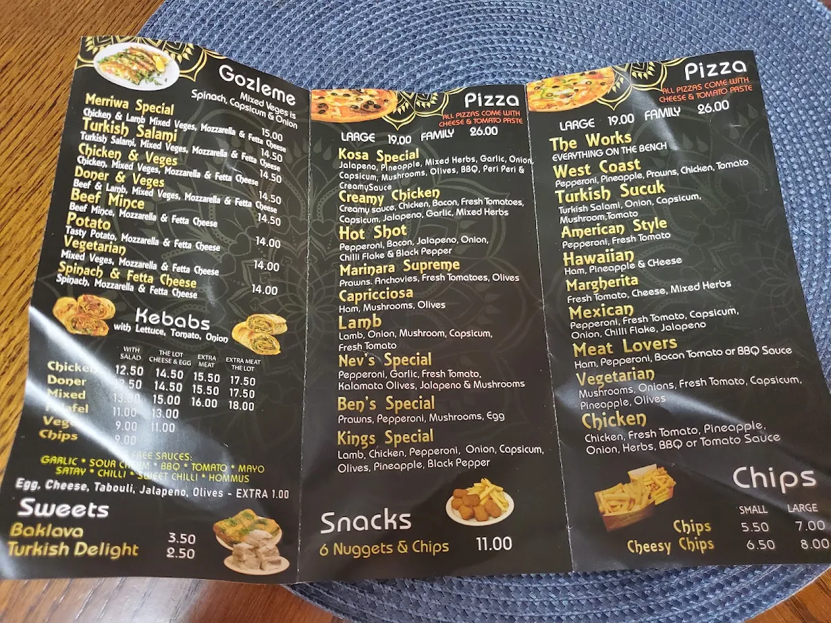 Menu, Merriwa Pizza and Kebab House