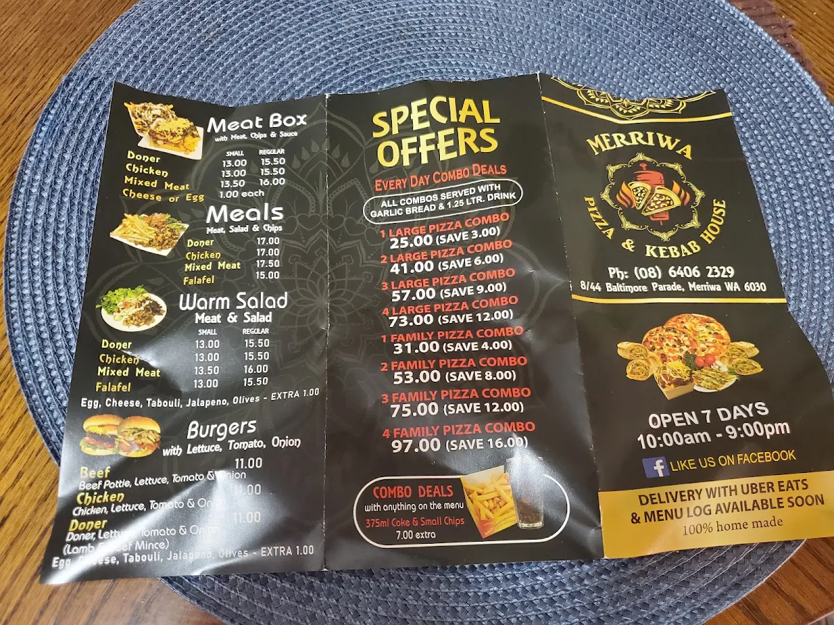 Menu, Merriwa Pizza and Kebab House