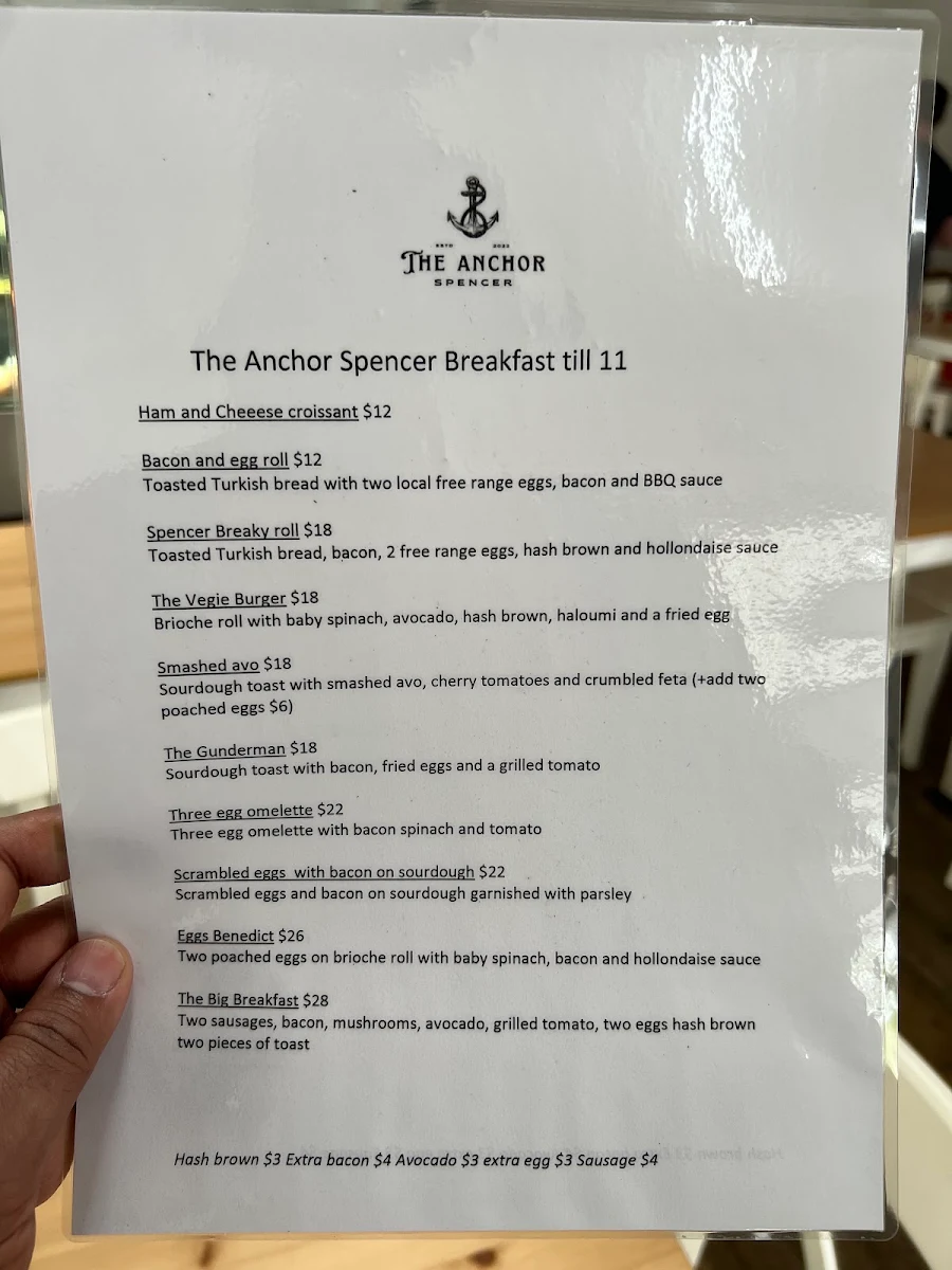 Menu, The Anchor Spencer
