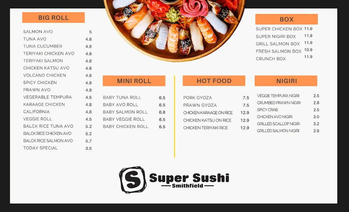 Menu, Super Sushi Cairns Central