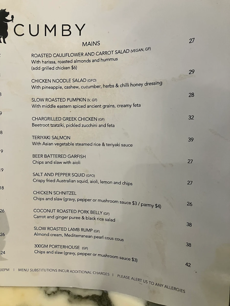 Menu, Cumberland Arms Hotel