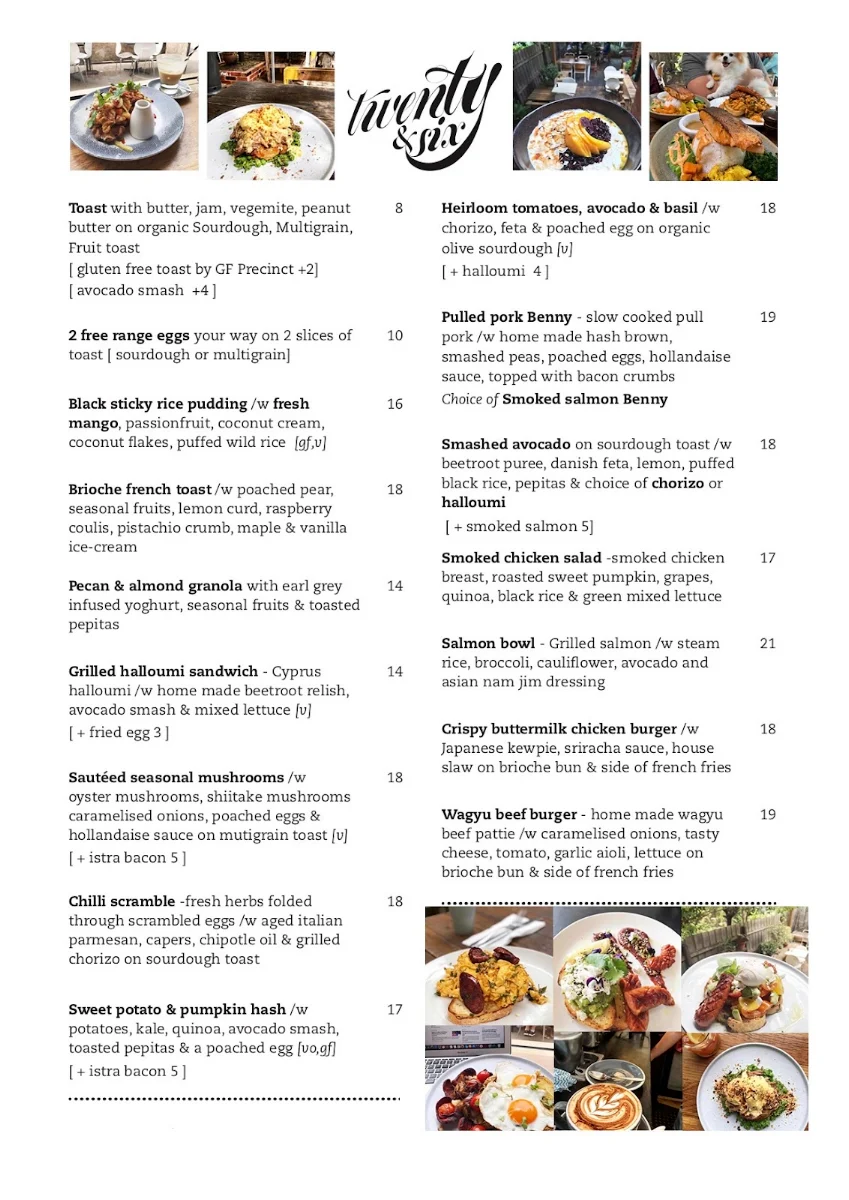 Menu, Twenty & Six Espresso