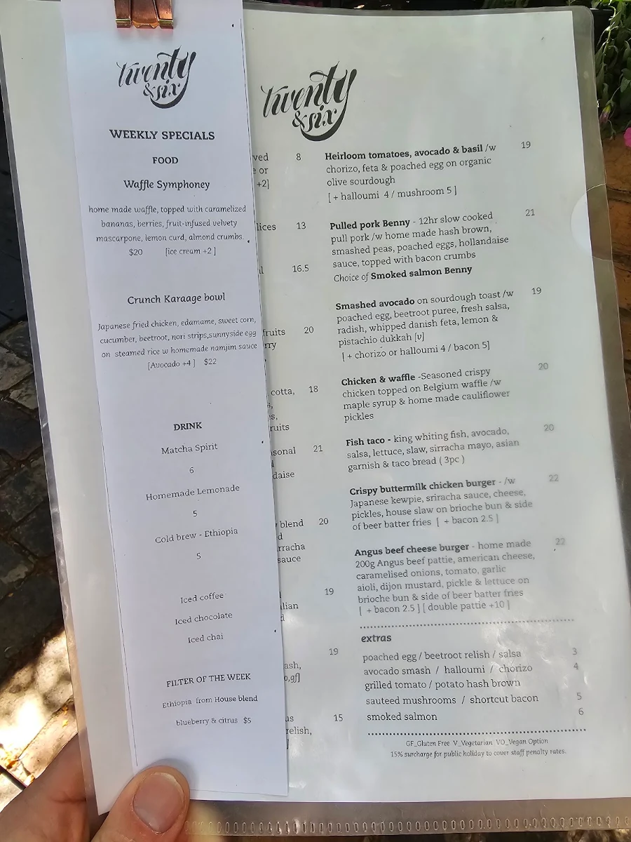 Menu, Twenty & Six Espresso