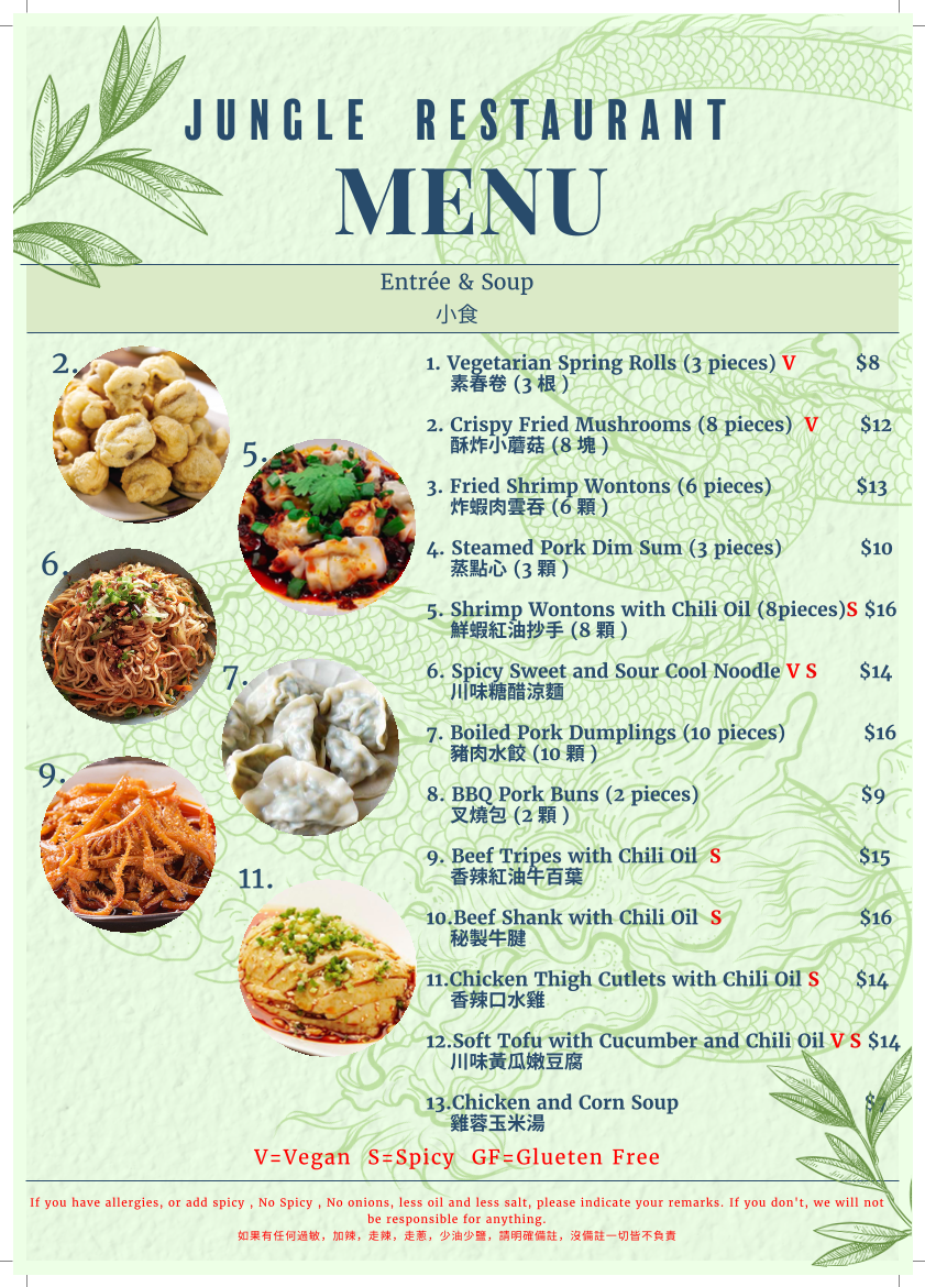 Menu, Jungle Restaurant