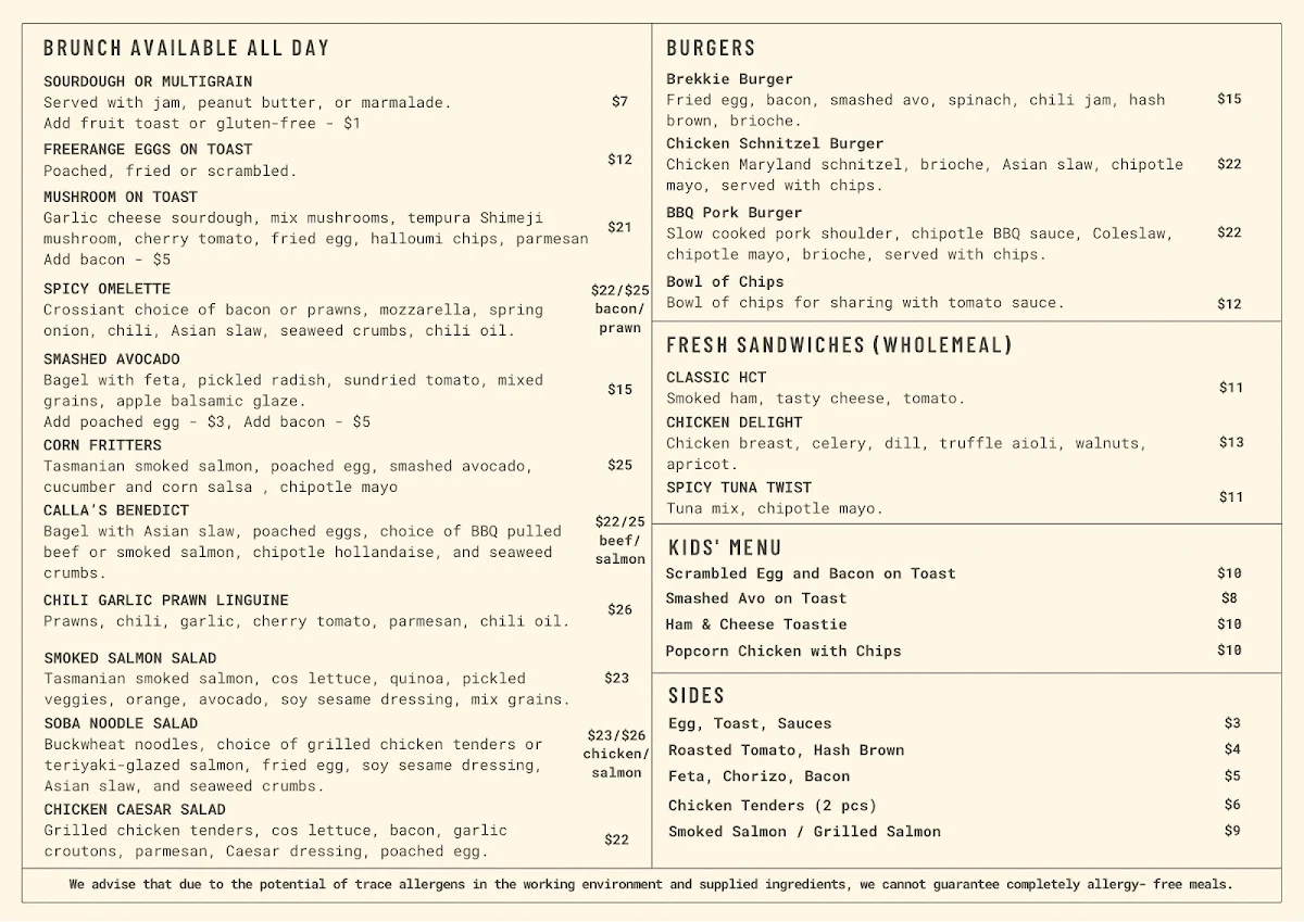 Menu, Calla and Cups Cafe