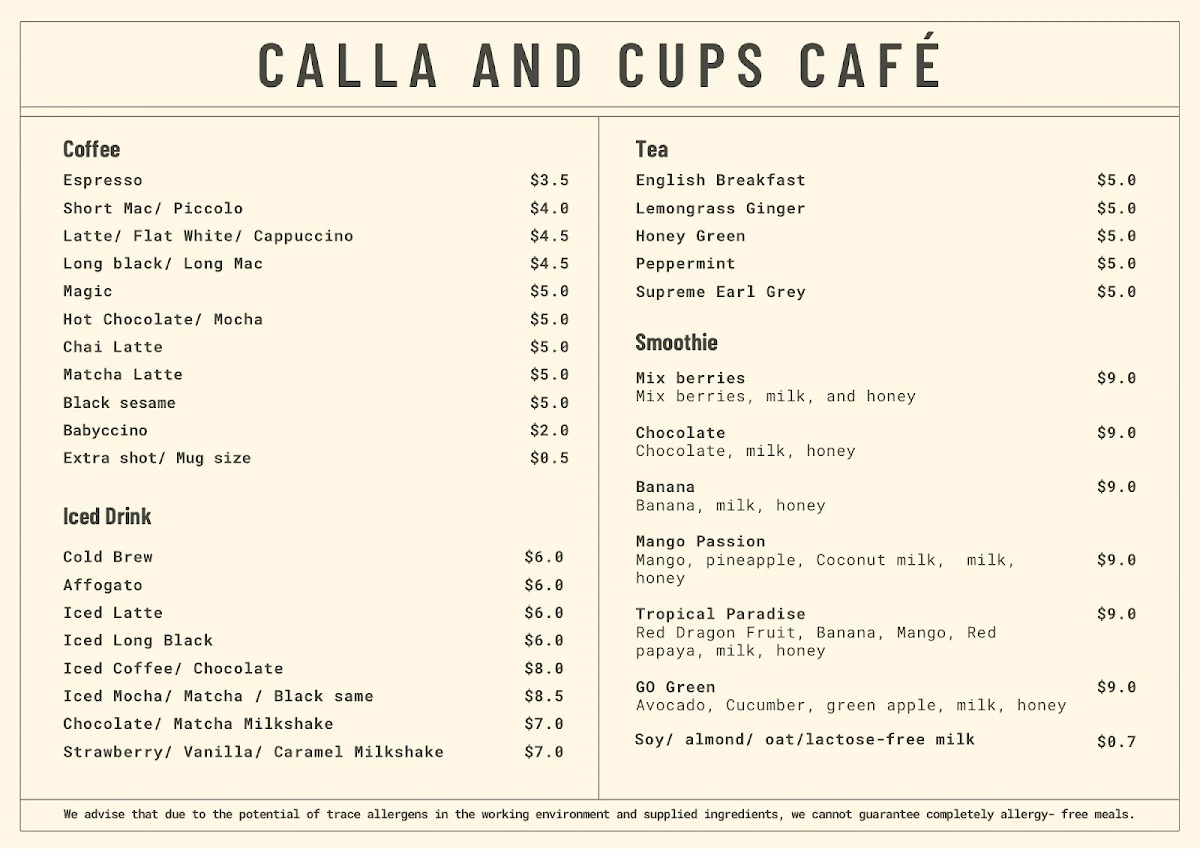 Menu, Calla and Cups Cafe