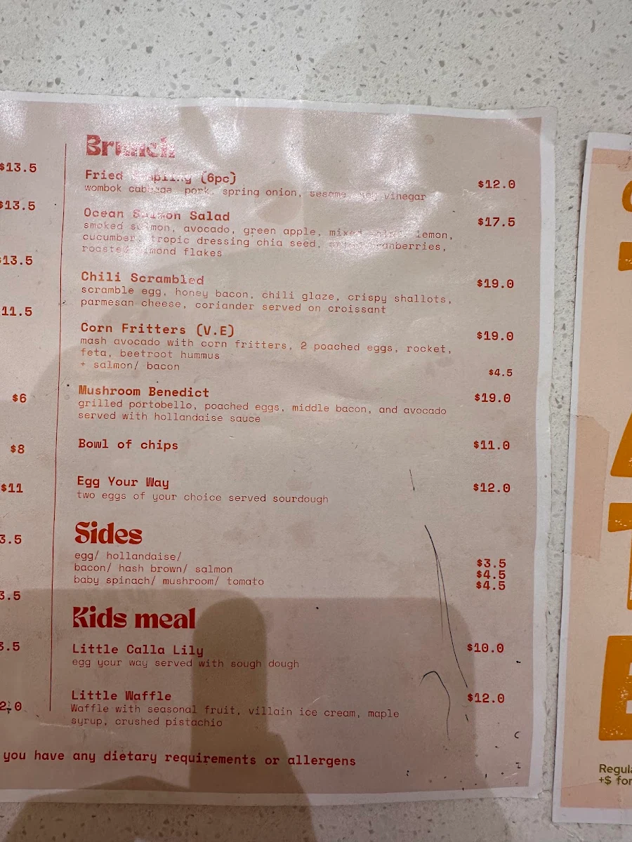 Menu, Calla and Cups Cafe