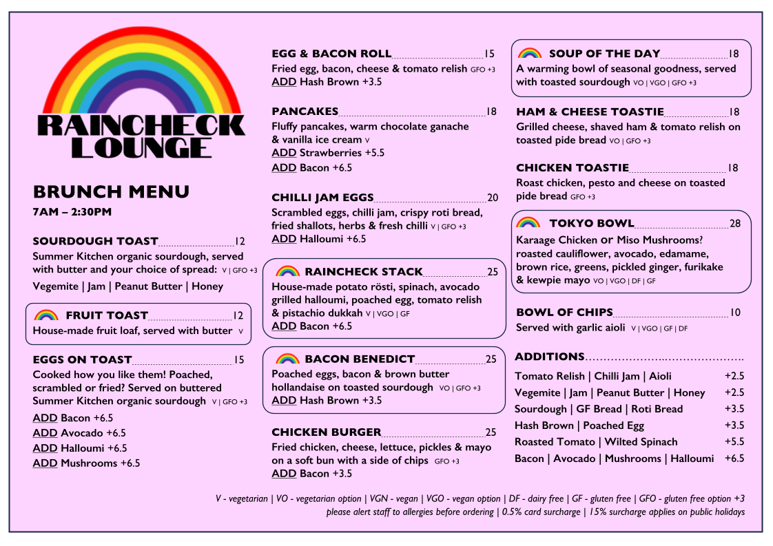 Menu, Raincheck Lounge