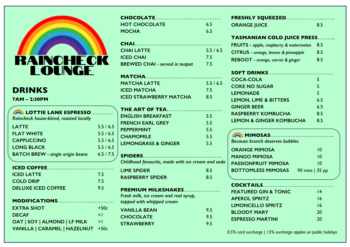 Menu, Raincheck Lounge