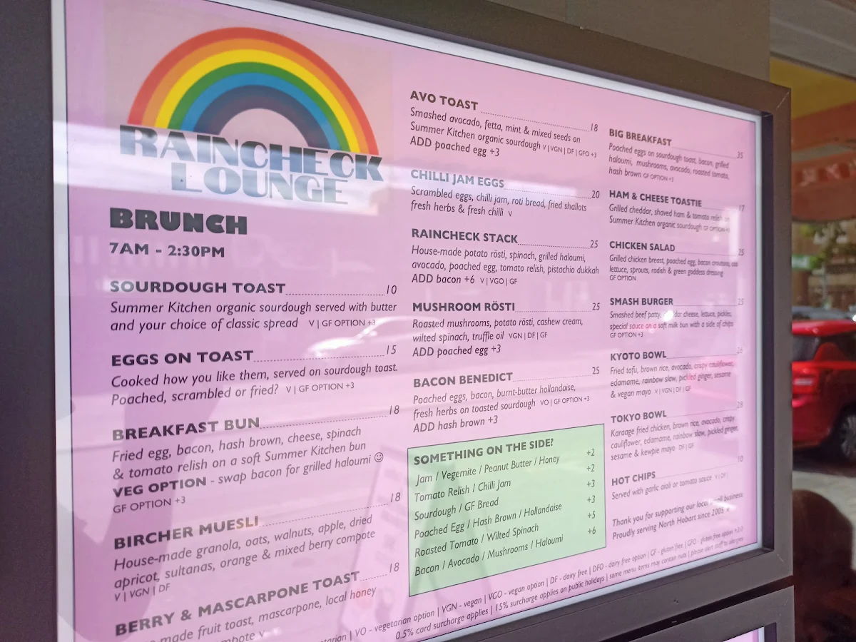 Menu, Raincheck Lounge