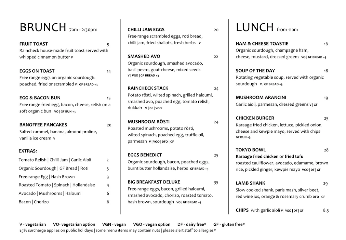 Menu, Raincheck Lounge