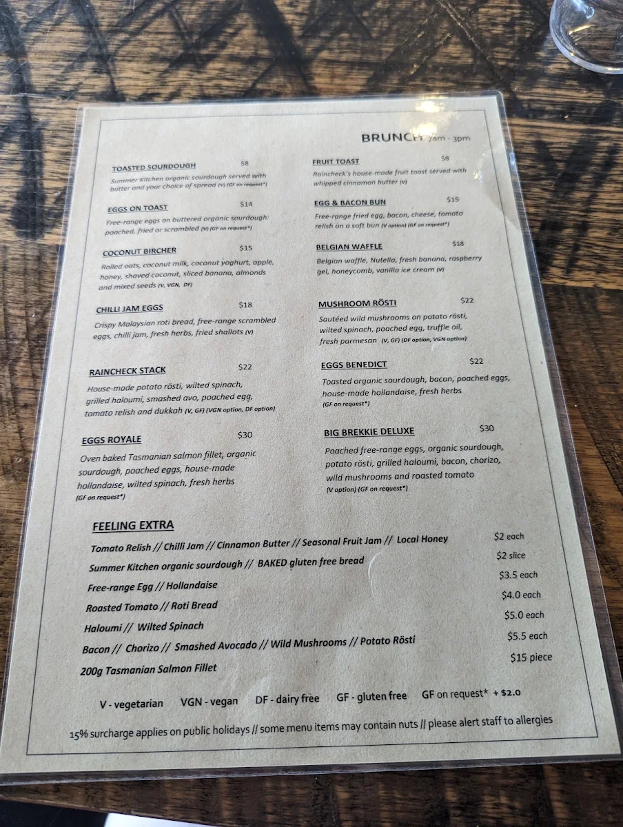 Menu, Raincheck Lounge