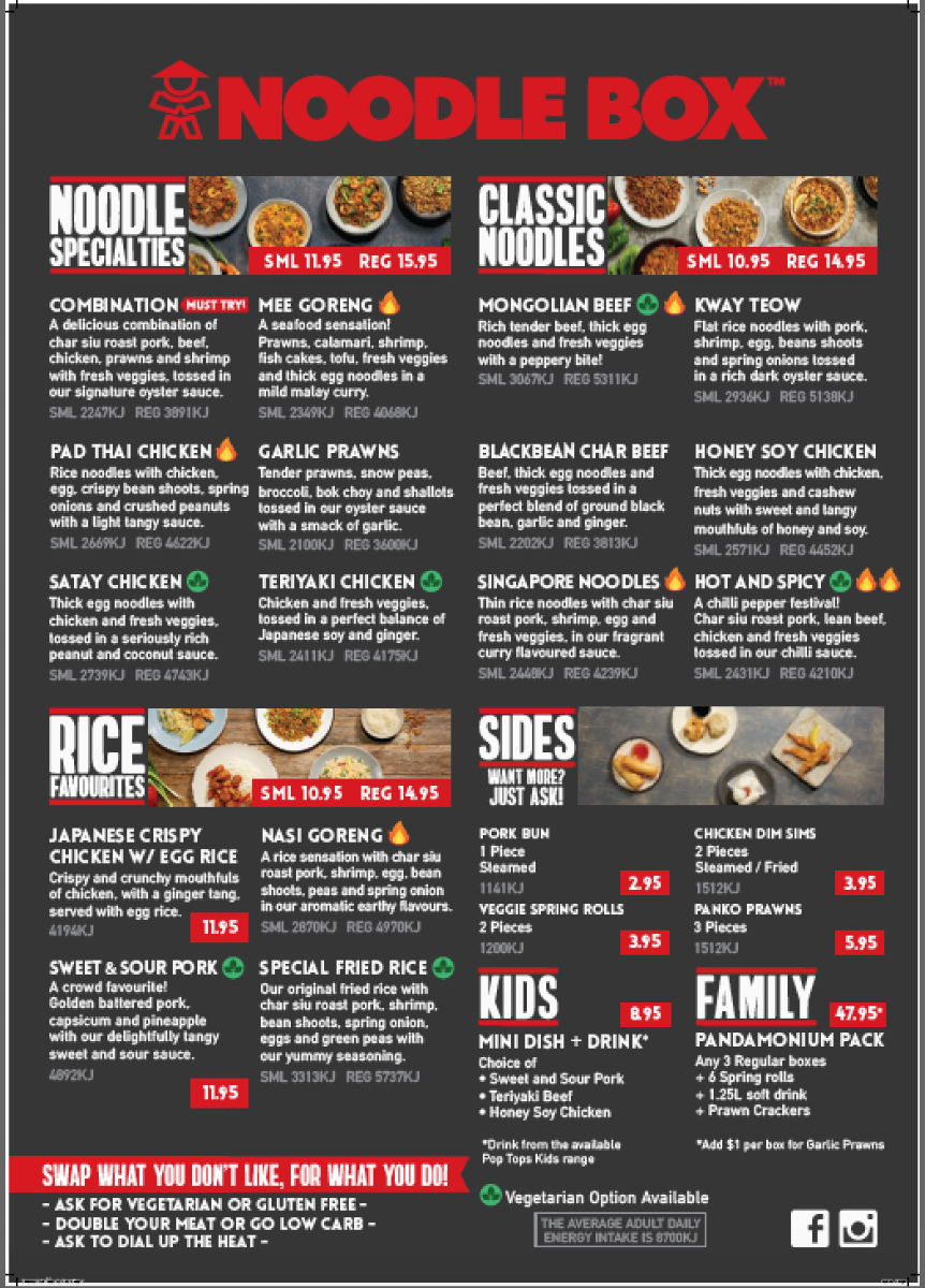 Menu, Noodle Box Caboolture
