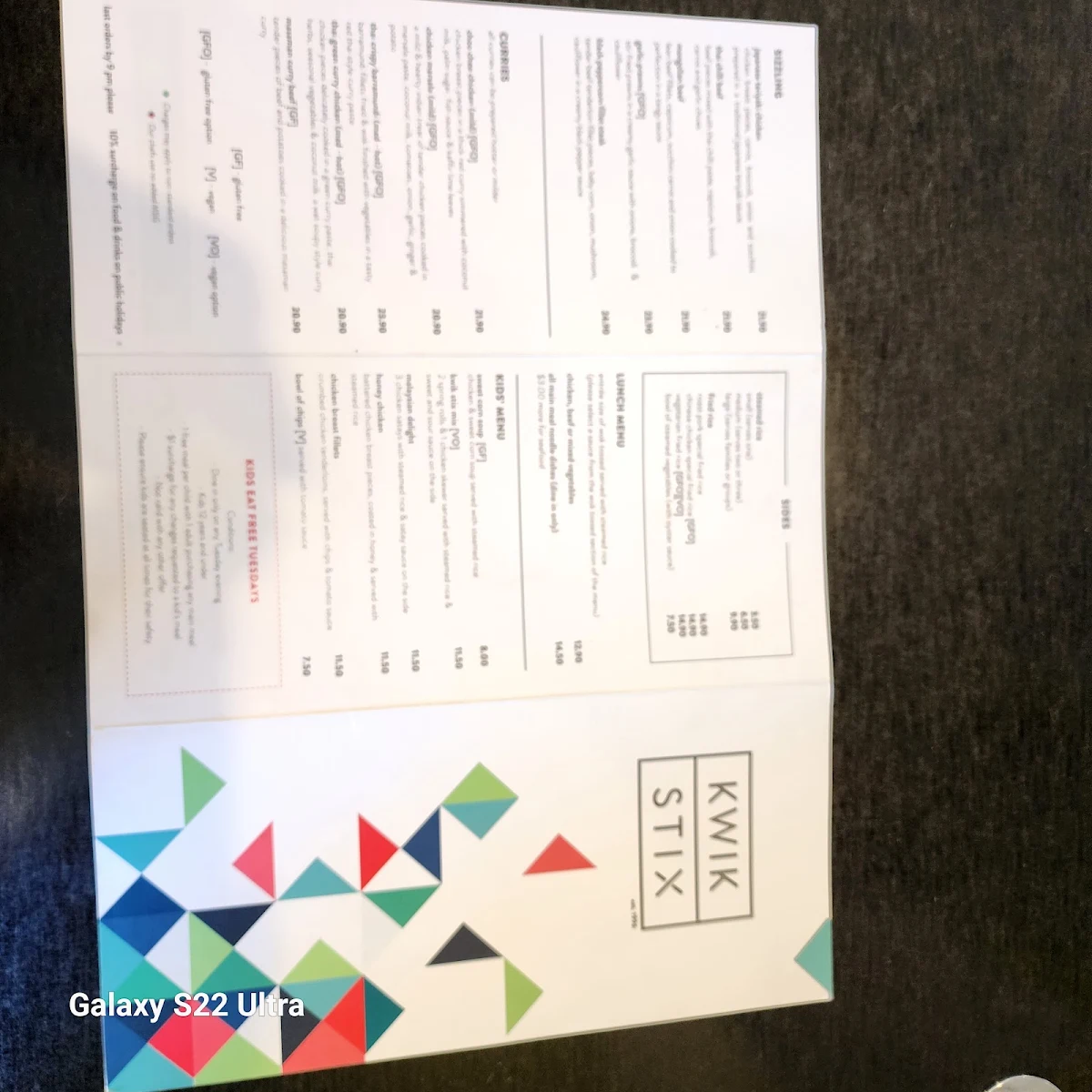 Menu, Kwik Stix