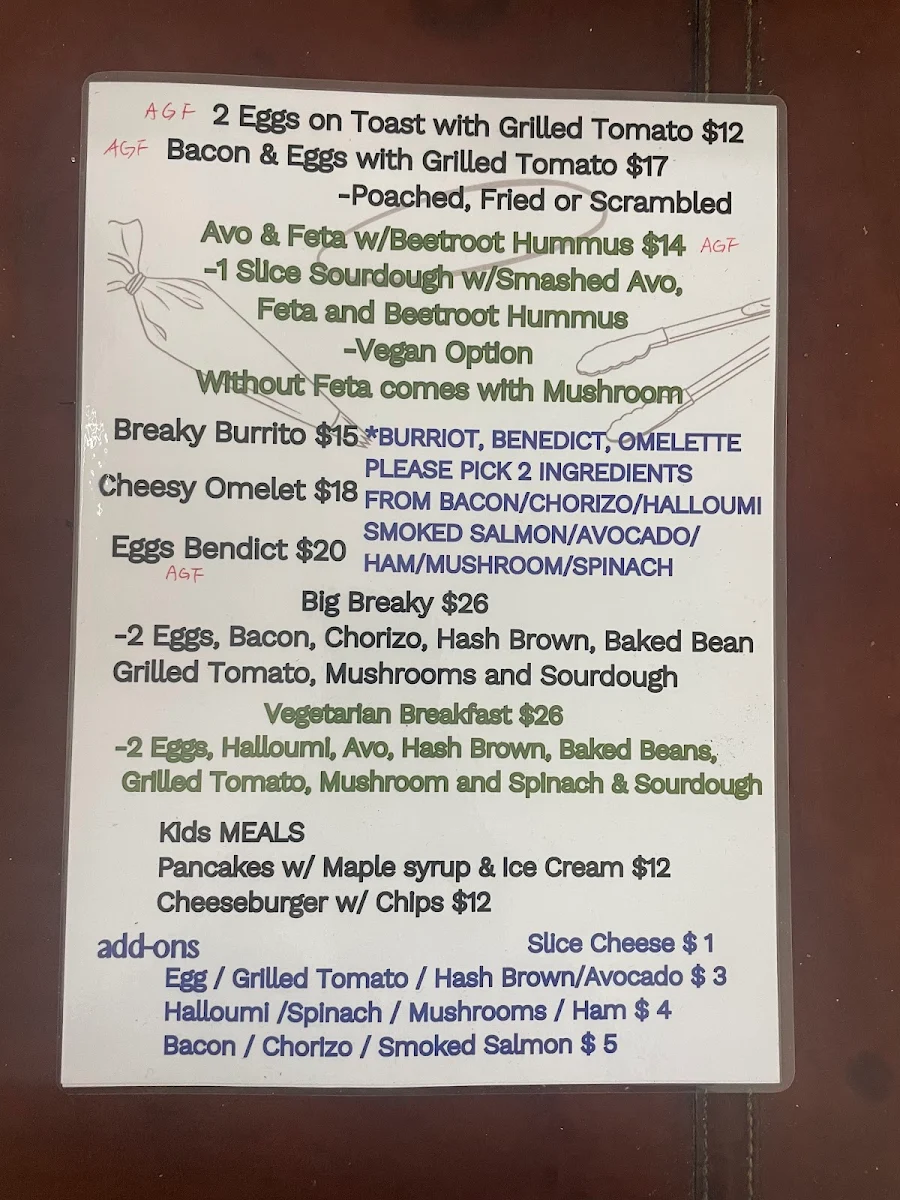 Menu, Green Island Cafe Lismore
