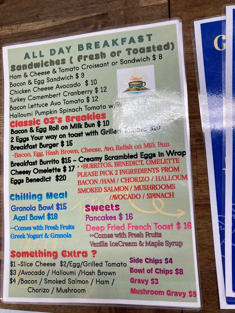 Menu, Green Island Cafe Lismore