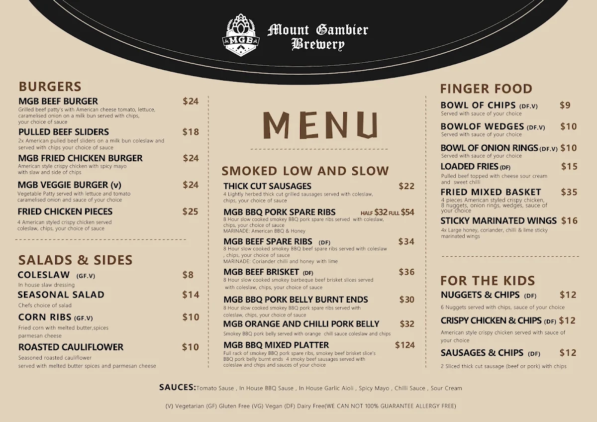 Menu, Mount Gambier Brewery