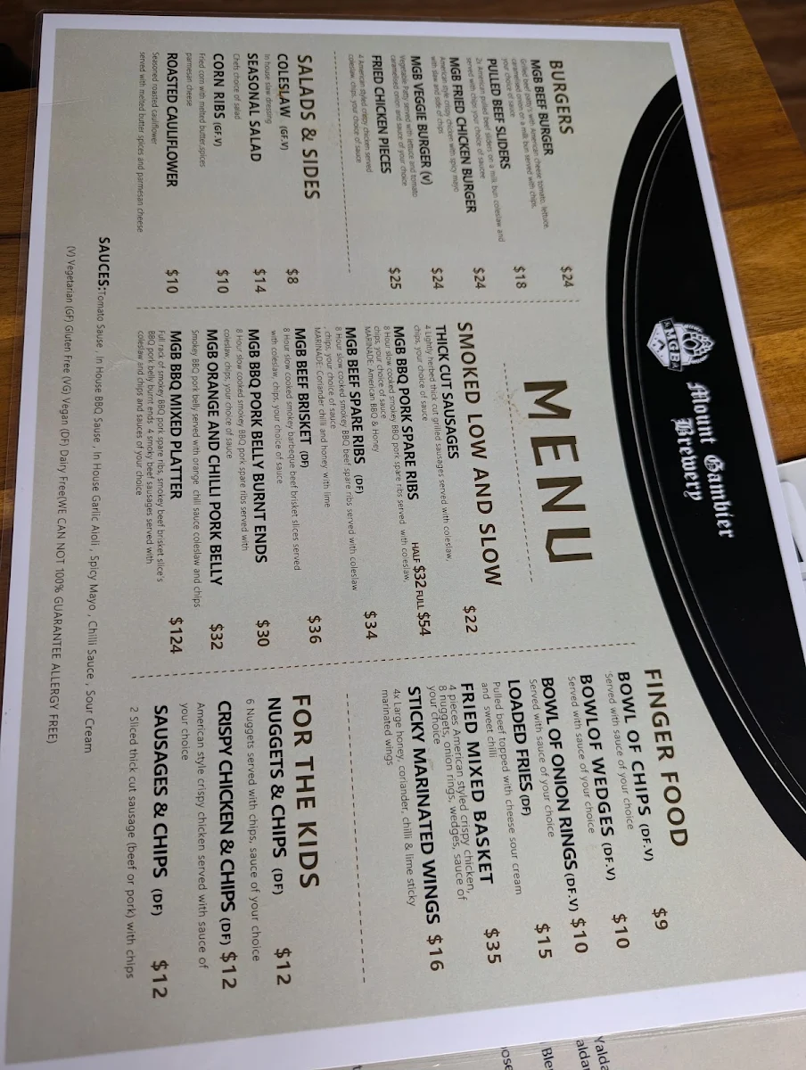Menu, Mount Gambier Brewery