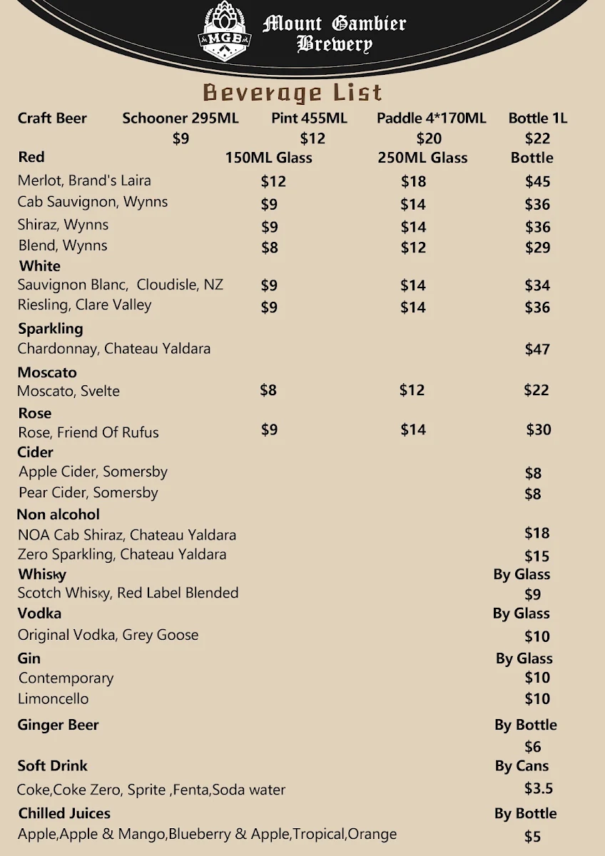Menu, Mount Gambier Brewery