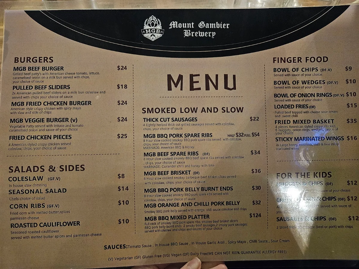 Menu, Mount Gambier Brewery