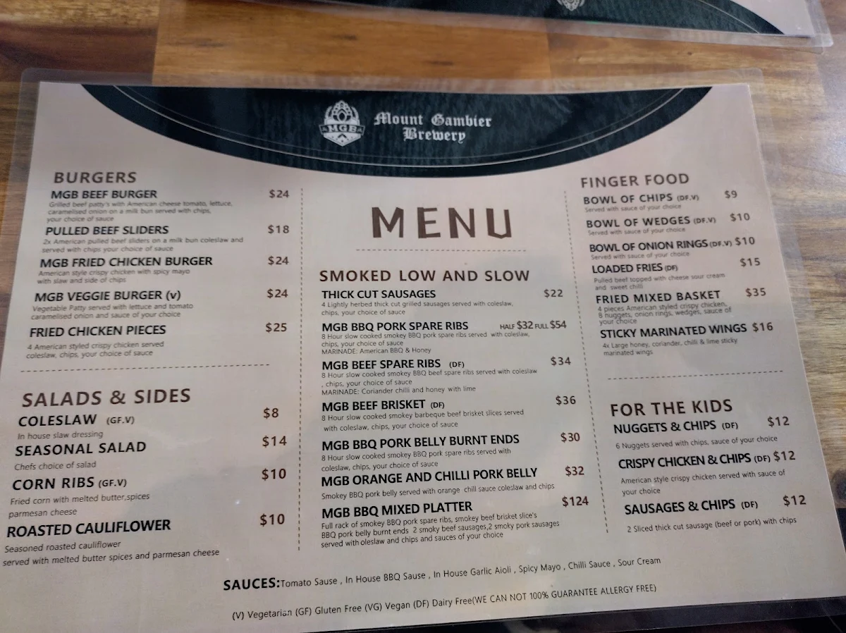 Menu, Mount Gambier Brewery