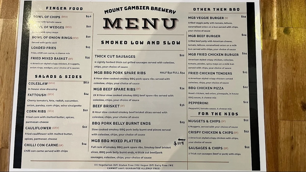 Menu, Mount Gambier Brewery