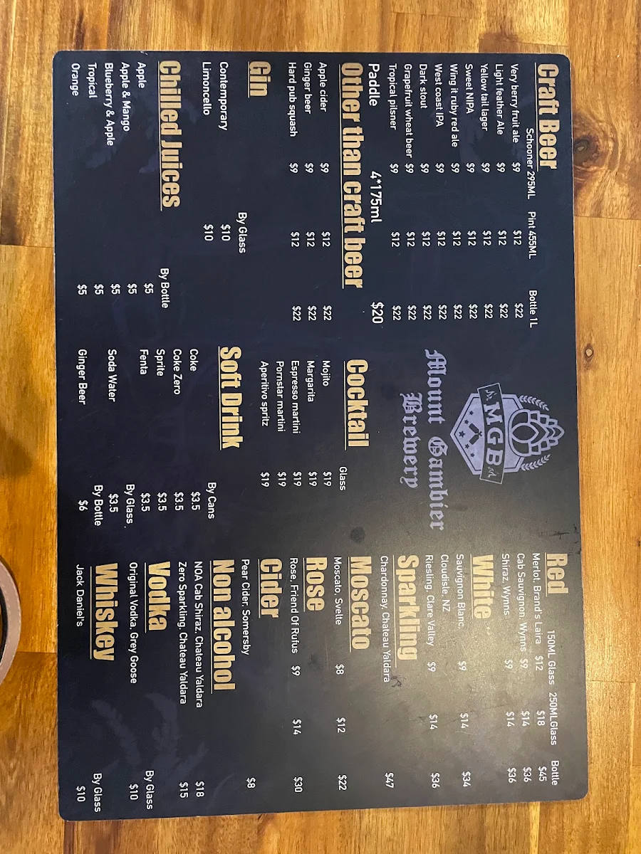 Menu, Mount Gambier Brewery