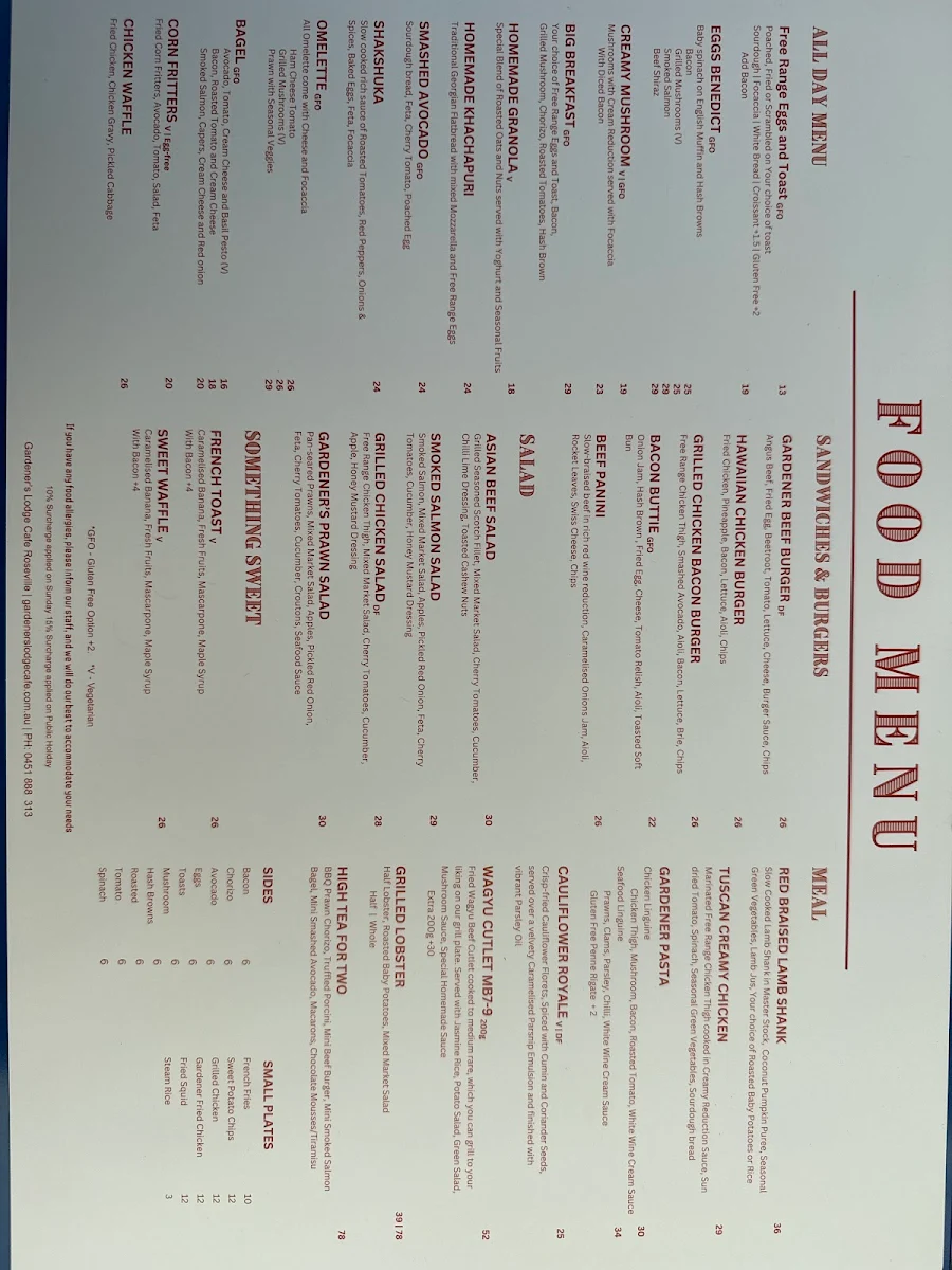 Menu, Gardener's Lodge Cafe Roseville