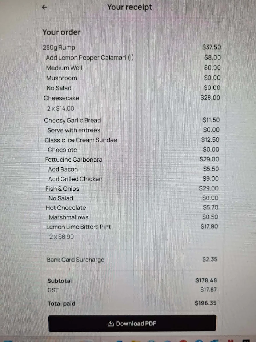 Menu, Mihi Tavern