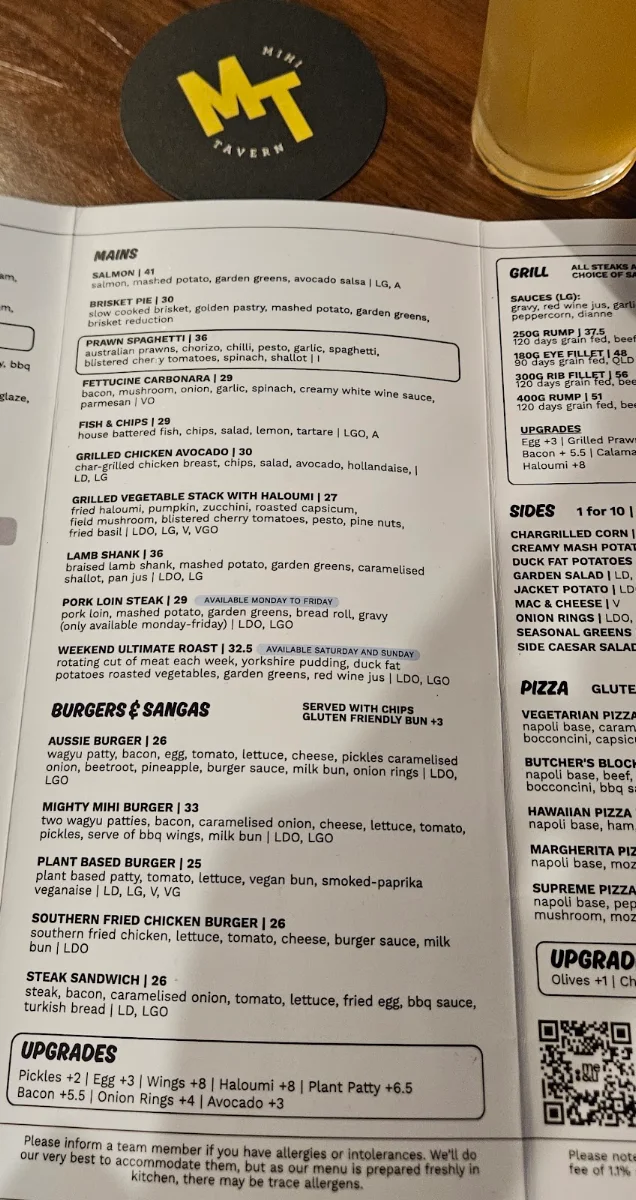 Menu, Mihi Tavern