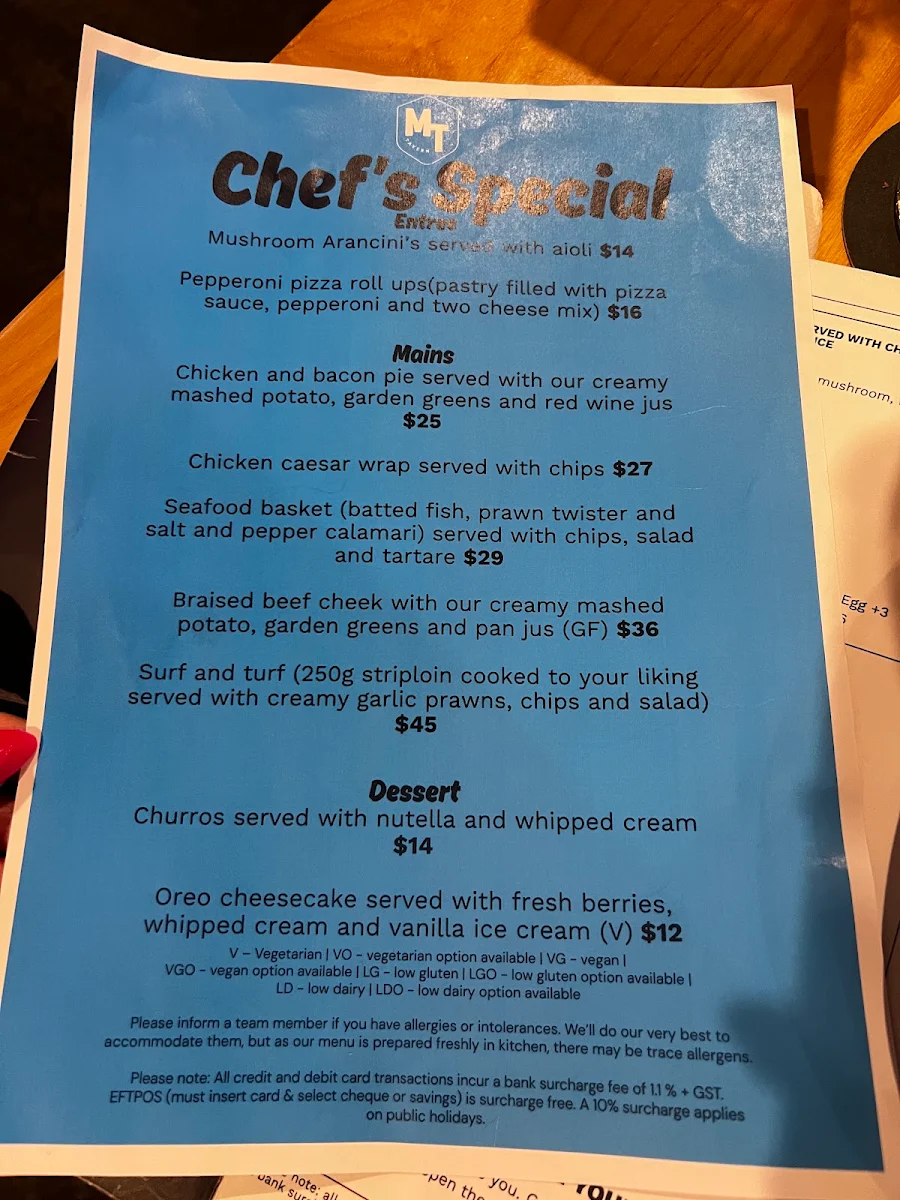 Menu, Mihi Tavern