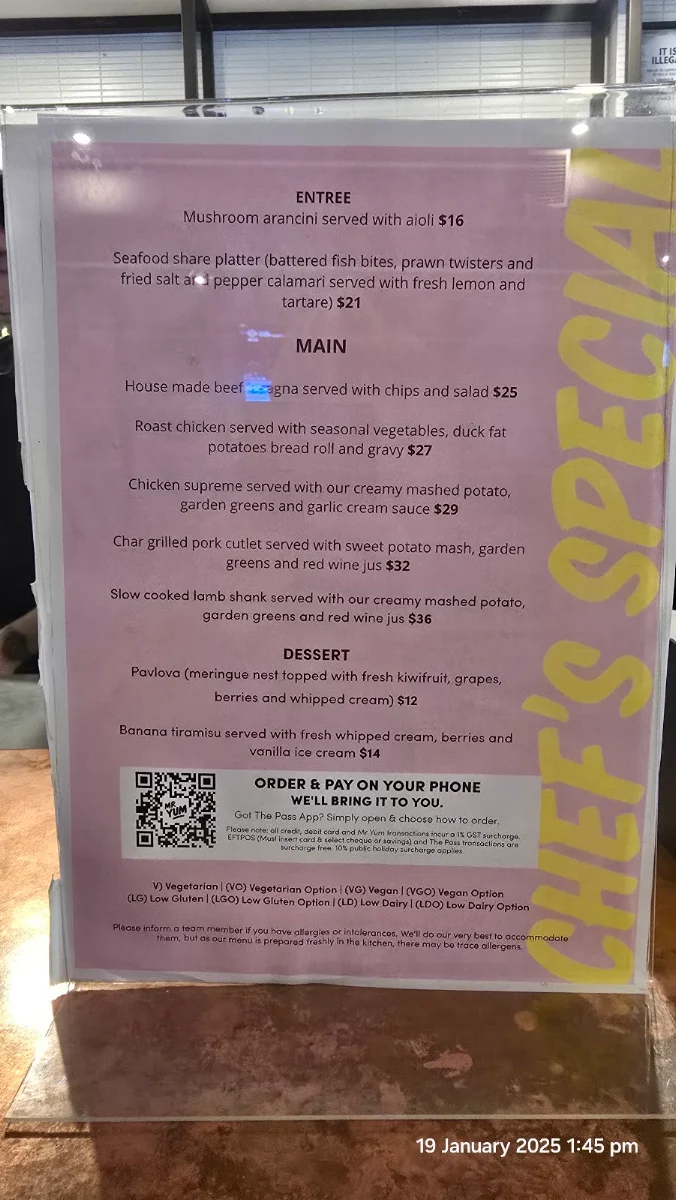 Menu, Mihi Tavern