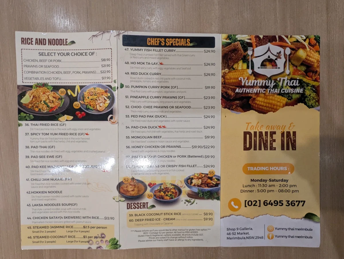 Menu, Yummy Thai Merimbula