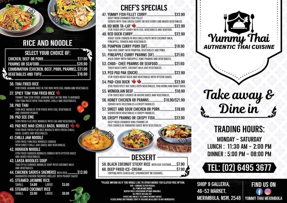 Menu, Yummy Thai Merimbula