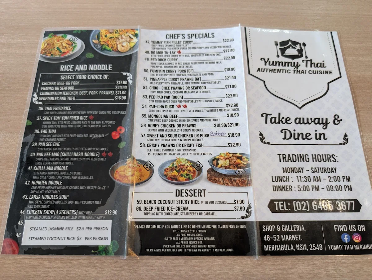 Menu, Yummy Thai Merimbula