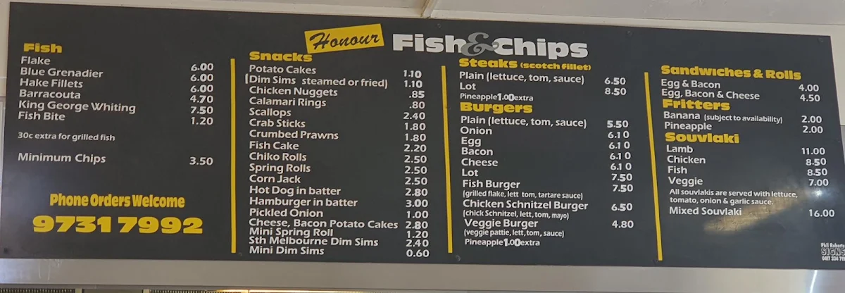 Menu, Honour Fish & Chips