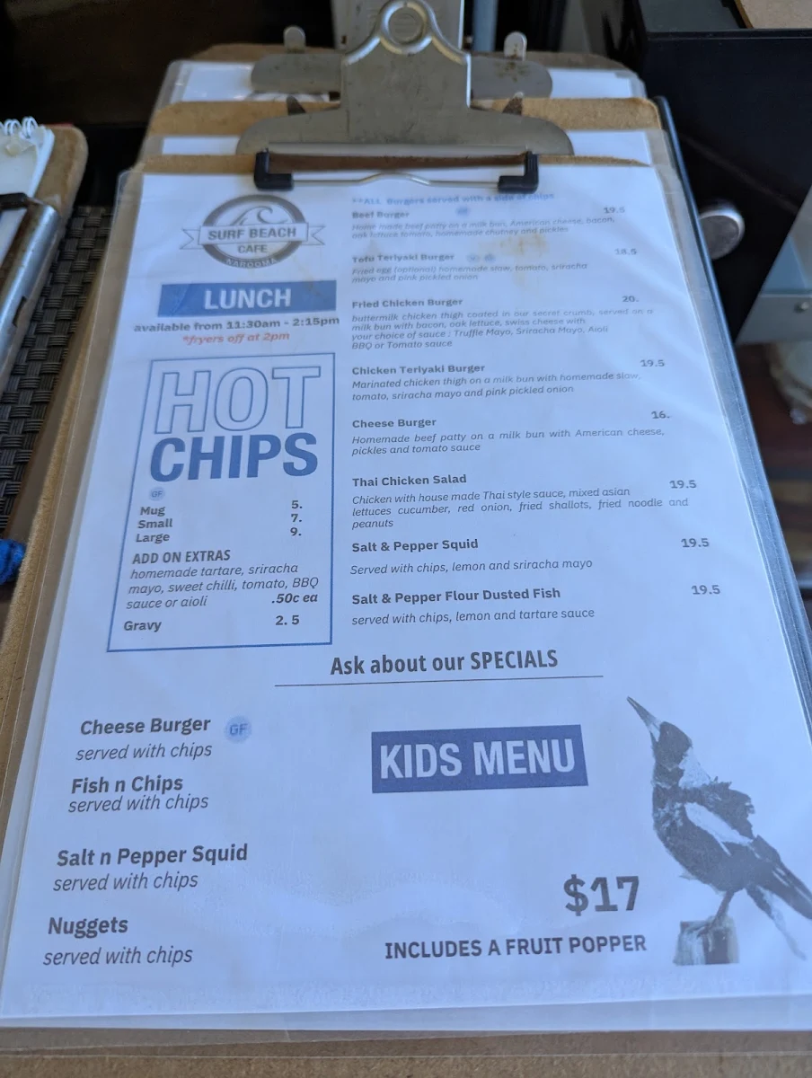 Menu, Surfbeach Cafe Narooma