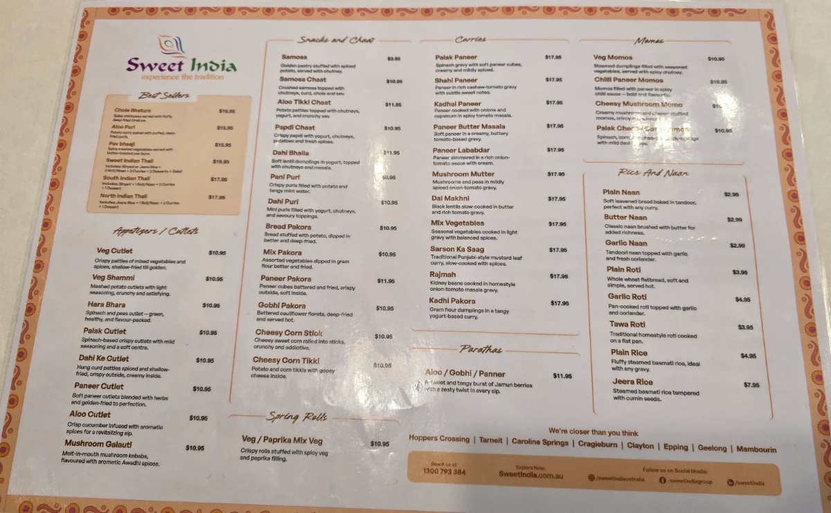 Menu, Sweet India Mambourin